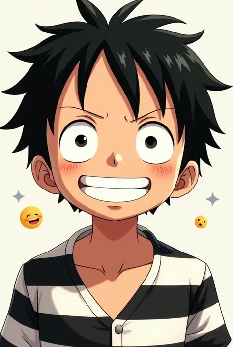 Several tender facial expressions of a cute boy , Monkey D. luffy, with emojis wearing long sleeve black and white striped prison clothes.