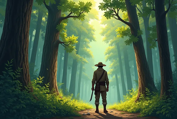 Create an image of a poor hunter standing near the edge of the forest, The hunter is dressed in earthy-toned clothing, holding knife in his had, with a determined in sad expression The forest is lush with greenery, tall trees, and scattered sunlight filter...