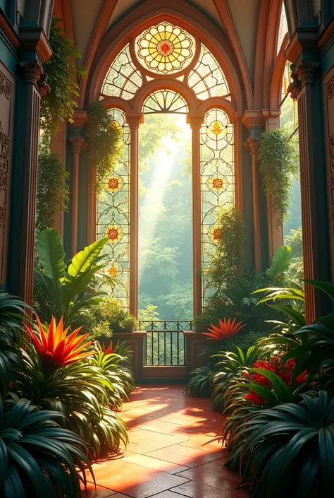  best quality, Botanical Garden, Stained Glass,indoor,sunlight,  movie light effect, Impressionism