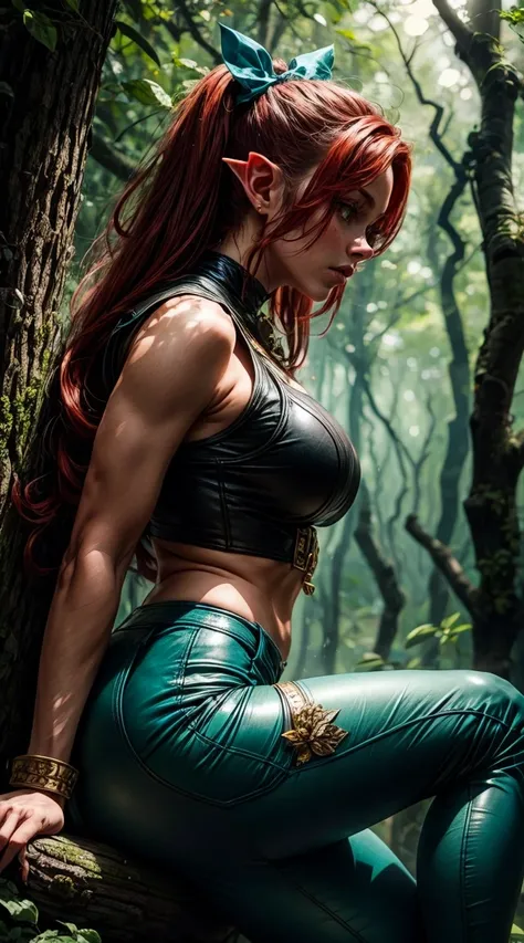 Beautiful female half-elf with red hair, freckles, and green eyes. She has a slim, athletic figure with a sultry look. Sitting on a branch of a large tree, her profile is shown with one leg dangling, a bow in hand, and the other hand resting on the branch....