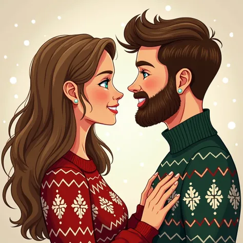  brown woman with balayage blondes long hair wearing Christmas sweater ,  light blue eyes and dark ash blond boy with incipient beard and ocean blue eyes with another Christmas sweater. Facing each other Looking at each other with love . Christmas backgrou...