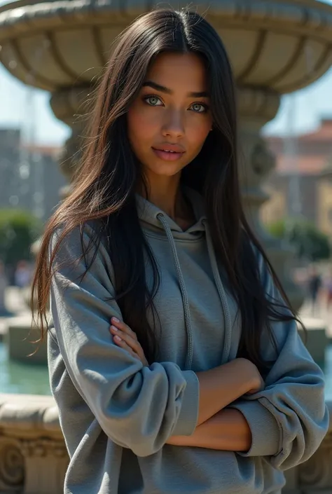 Super realistic young girl, 18 years old, Brazilian, long hair and dark blue eyes in a hoodie striking a pose in front of a fountain