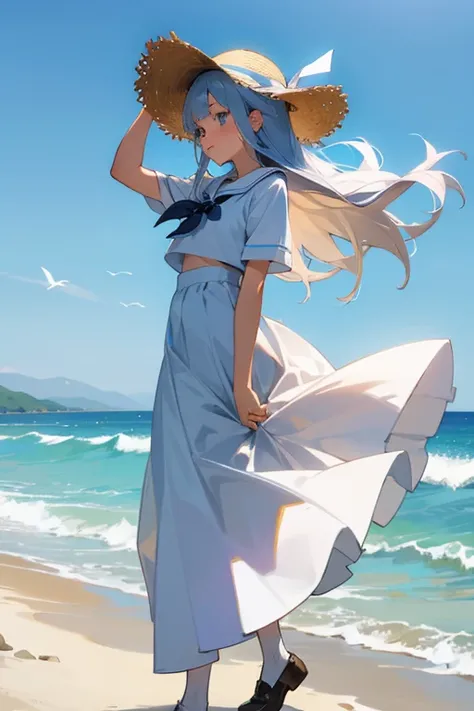 Elementary school girl,  white long hair,  white dress,  long skirt ,  Blue Ribbon,  wear a straw hat, Fluttering in the wind, Hold your hat,  beach ,  look at the camera in front of you holding a hat