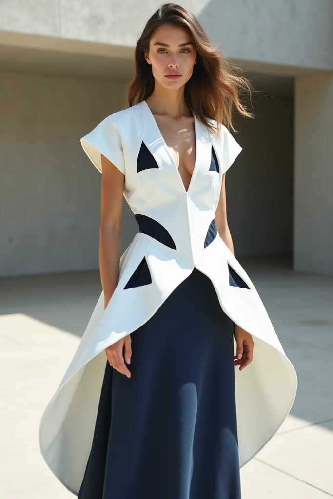 A realistic image of a high-fashion model standing relaxed with high self-confidence in a minimalist outdoor setting. The model is wearing a unique dress with two layers: a white, water-repellent fabric featuring symmetrical triangular cutouts that open ar...