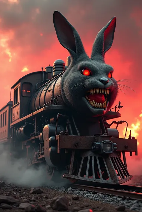 A terrifying hybrid of a खरगोश (rabbit) and a रेलगाड़ी (train), seamlessly fused into a monstrous entity. The body is a massive train engine with a sinister rabbit-like face, featuring sharp metallic ears that extend like smokestacks and glowing red eyes i...