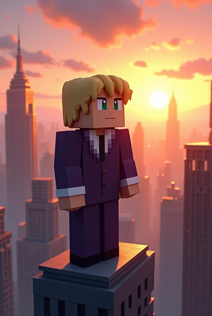 make a anime  picture  like, A mature anime boy character make a picture like, "A Minecraft character with short blonde hair and green eyes, wearing a dark-toned outfit, hovering or falling above a detailed modern cityscape with skyscrapers during sunset. ...