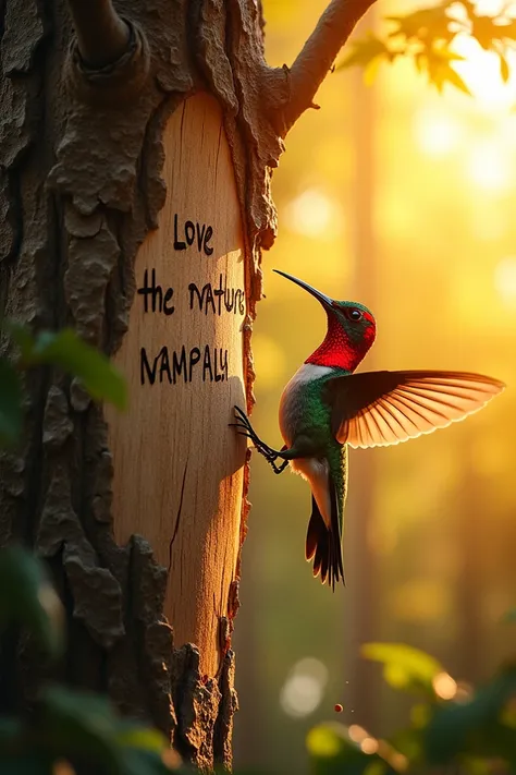 A photo of a vibrant humming bird with striking red and black feathers, perched on a towering tree with rugged bark. The woodpecker is DEEPLY carving the words " LOVE THE NATURE NAMPALLY  into the fresh wood of the trunk, and wood chips are flying. The gol...