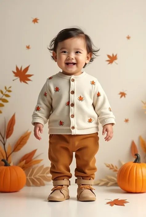 realistic autumn set for baby boy with long pants and long sleeve shirt open at the front with buttons with minimalist autumn motifs and shoes that are friendly to the babys feet and with velcro