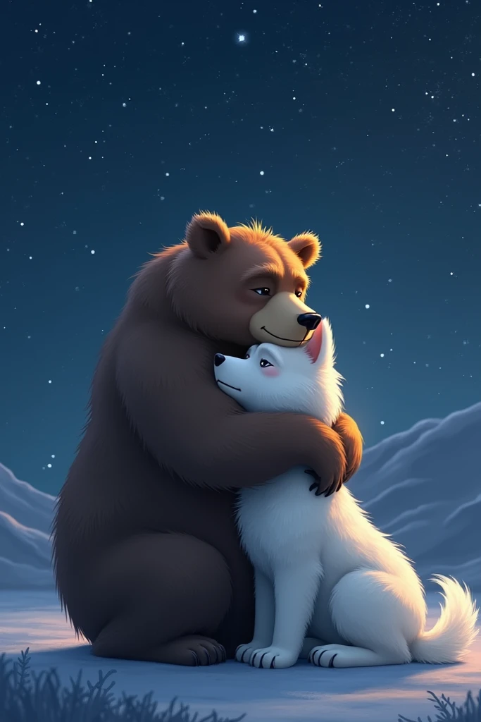 A bear hugging a malamutito under the stars 
