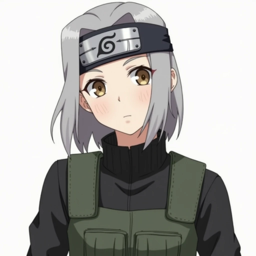 one guy,  anime genin headband "Naruto" on the shoulder, young man, dark long sleeve tank top, dark green bulletproof vest , Simple background, Focus on the upper body, gray hair,  brown eye ,  medium length hairstyle ,  high collar,  feminine