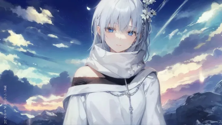  White Hoodies 、 black shirt 、Ultra HD, viewers , and, 20 years old, 非常に Shorthair,  long bangs between eyes, Pale blue eyes,  Very detailed,(masterpiece、 best quality),Gray Hair、Laughter、 amazing,  Silver Hair, iris, Small face、明るいsmile、( detailed face ) ...