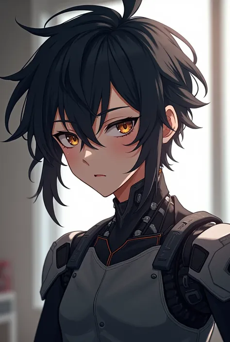  anime style、 black hair、 handsome、male、White、front、Long Hair, Disheveled Hair, Ahoge、 has pimples under her eyes、Half robot、indoor