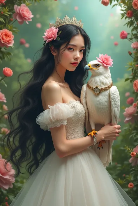 A small eagle with a pink bow on its head with red eyes and a watch around the eagles neck,  a woman with long black hair , wearing a wedding dress holding the eagle in her hand , wedding garden background  ( unrealistic )