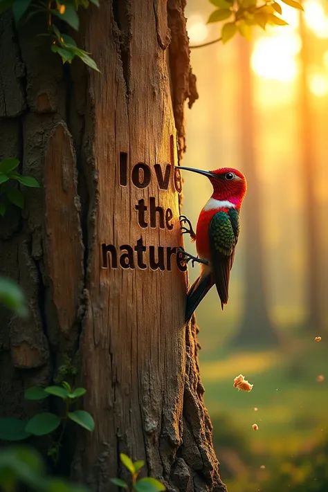 A photo of a vibrant humming bird with striking red and black feathers, perched on a towering tree with rugged bark. The woodpecker is DEEPLY carving the straight words " LOVE THE NATURE NAMPALLY  into the fresh wood of the trunk, and wood chips are flying...