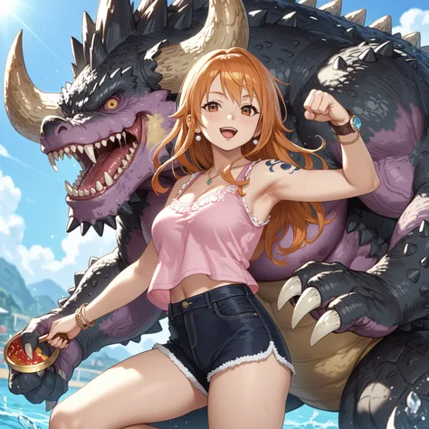 Score_9_up, best quality, source_anime, 1girl, anime, Nami, orange hair, sexy,  looking at the viewer , PINK tank SHIRT , arms, shorts, punching Super hiper Aumento de peso por comer hamburguesas 🍔 y es muy gorda grande y abultada y corpulenta y con mucha ...