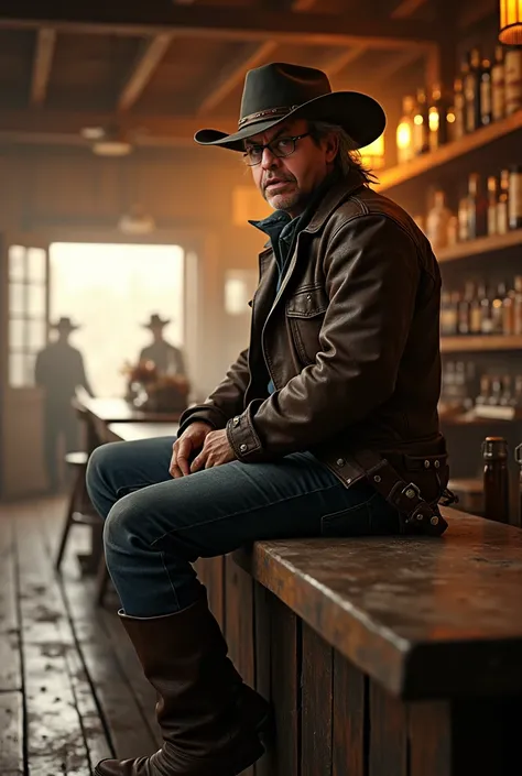 I need you to create for me please an image of a cowboy in a hat sitting on the counter of a saloon in the Wild West.