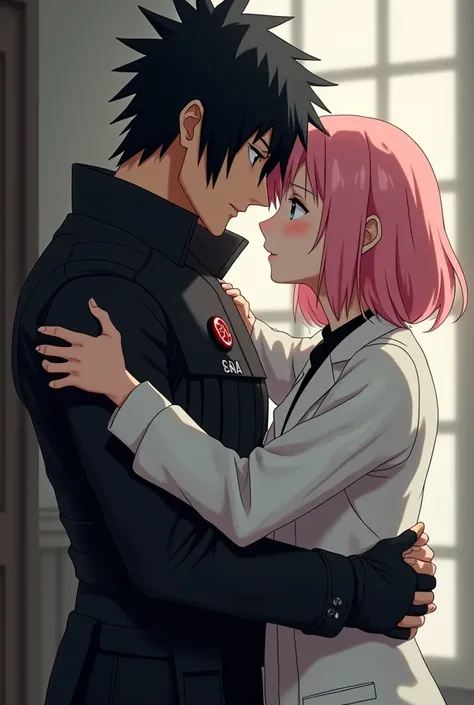 (photorealism), Uchiha Sasuke (man, tall man, cold man, swat police, black short hair, black eyes, black uniform) hugging Haruno Sakura (beautiful girl, doctor, wearing doctors coat, green eyes, pink long hair, sweet face). Looking forward with smile.