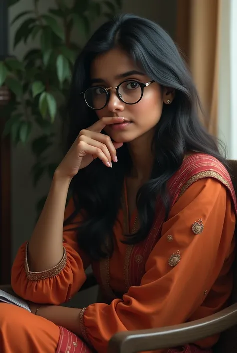  Indian girl about 26 years old, with spectacles on, sitting on a chair 