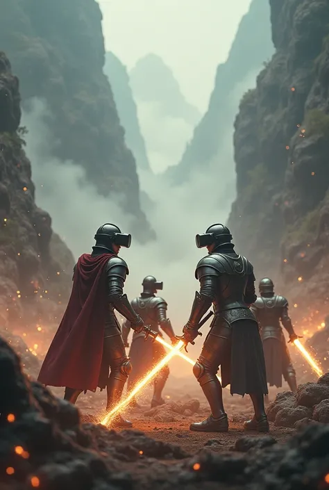  4 male friends each wear VR glasses including knight armor and defend themselves from monsters with swords.  The view is from above . The battle is epic . 