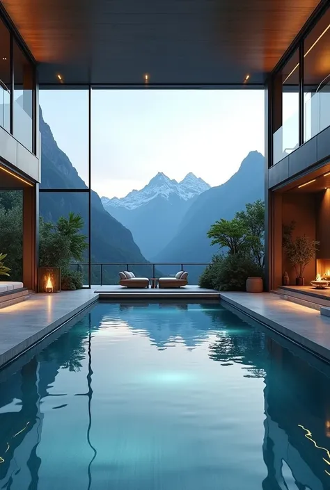 ( ultra réaliste, 4k , Full HD ) Tu peux me faire une piscine intérieur magnifique très moderne avec beaucoup de place et une très jolie vues sur les montagnes.