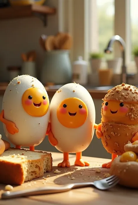 Make a group of friends (eggs and breads in humanoid forms)