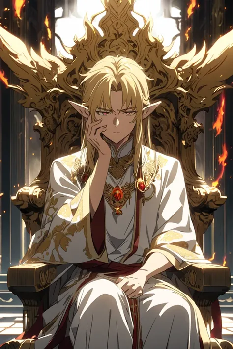  A man of majestic appearance rests on a throne decorated with reliefs of flames, exuding power.  His golden hair floats as if moved by a breeze ,  and incandescent marks adorn his face and pointed ears .  He wears white clothes with golden embroidery that...