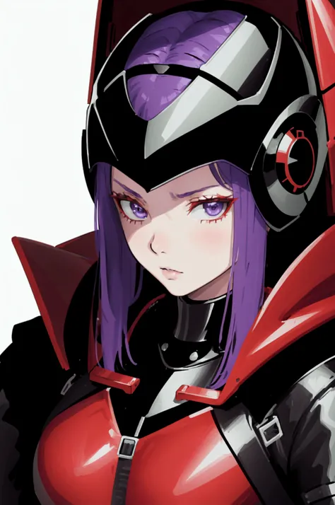 a beautiful young girl in a red and black leather catsuit, black breastplate, dark green shoulderpads, highly skilled and cool ace pilot, shoulder-length purple hair, stunning science fiction anime style, futuristic cockpit