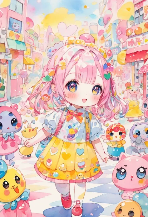 (masterpiece, best quality),pop-style art, kawaii,chibi-girl cheerful walking through a doodle-like avenue,cheerful,
,watercolor painting, collage art,