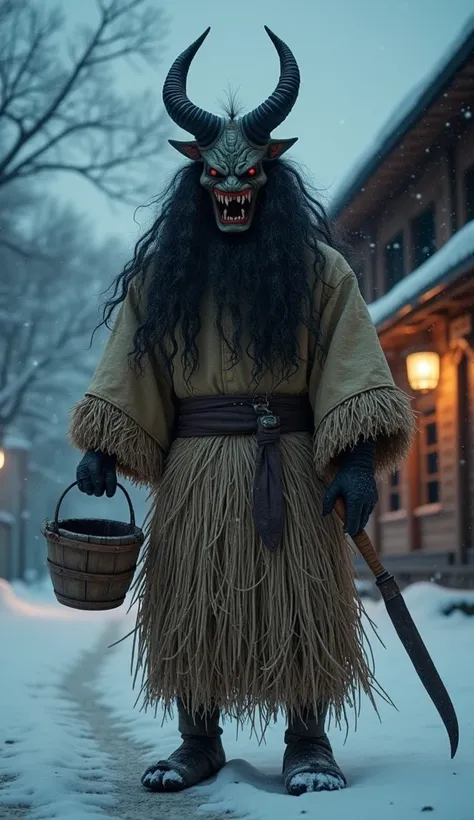 A highly detailed and realistic depiction of Namahage, a traditional folklore character from Akita Prefecture. The figure wears a fearsome demon mask with sharp features, long wild hair, and straw garments. The setting is a snowy night with a traditional J...