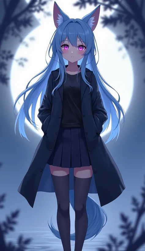 Character portrait　 long black long coat　Light blue long hair 　 ponytail　 pretty girl　 anime style illustration　 best quality　High image quality　 high definition , Feet in frame　 best quality 、 4K、8k、High Resolution、masterpiece、 super detailed　 minicaras　 ...