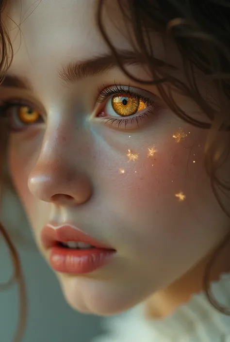  Young white girl with golden eyes looking like solid gold.  Camera close to her face side part of her face , front camera above her . realistic detailed image