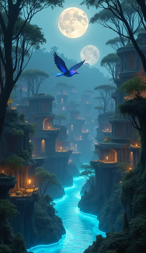 "An ancient, forgotten city hidden deep within a dense jungle, illuminated by a glowing, bioluminescent river that twists and turns like a living serpent. The buildings are an eclectic mix of old-world stone architecture and futuristic, organic designs, as...