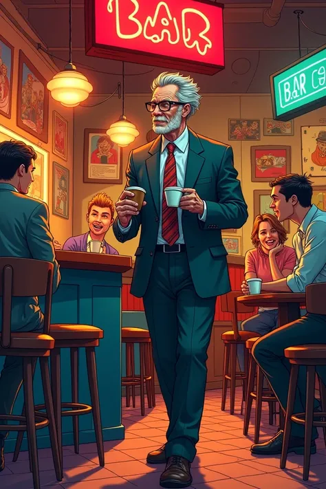 60-year-old boy with gray hair and tall ,  arriving with coffee in a comic-style bar