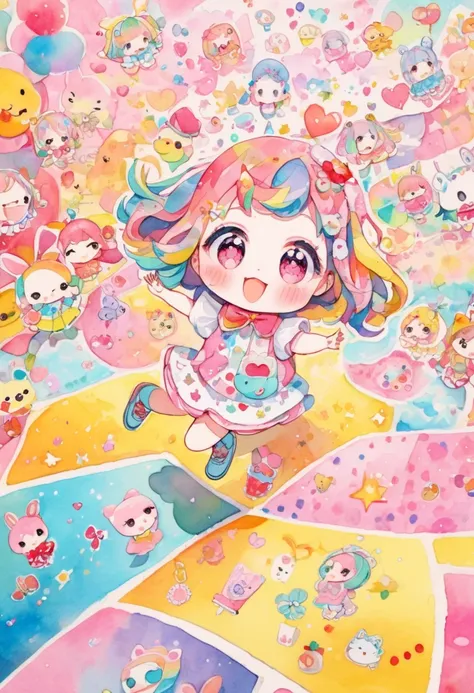 (masterpiece, best quality),pop-style art, kawaii,girl cheerful jumping through a doodle-like avenue,cheerful,
,watercolor painting, collage art, 