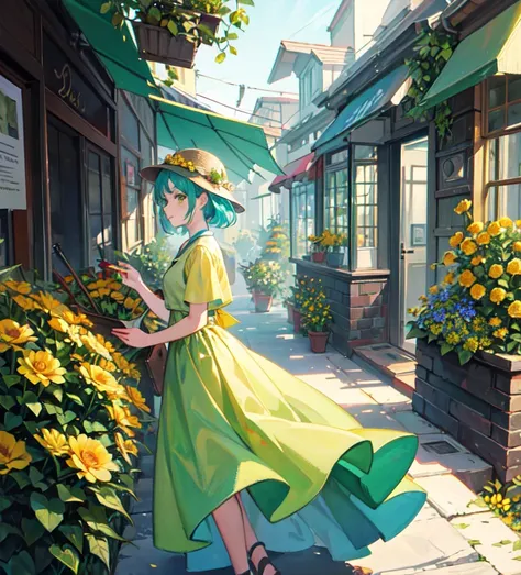 Florist Scene ,  owl under guard， yellow flowers and green awnings outline a watercolor style of a flower shop,  kind,  aesthetic green yellow tone ,  turquoise, Pale yellow-green tone ,  beautiful art full of light ,  matte gouache illustration , Hand-dra...