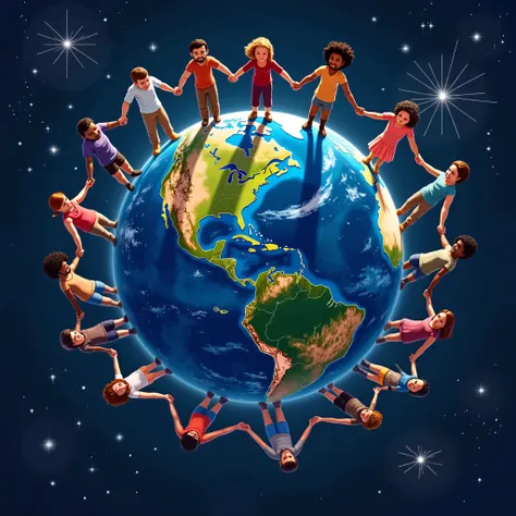 Draw the globe surrounded by 10 people standing on the globe holding hands and as a background the universe full of stars  