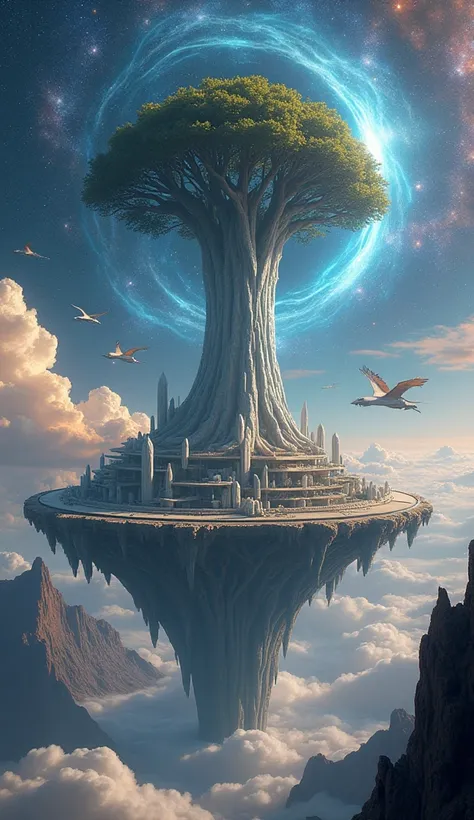 "An immense, out-of-this-world landscape set on a colossal, floating platform in space, where gravity itself bends and warps. In the foreground, a massive, ancient tree with a trunk made of shimmering crystal stretches into the sky, its roots extending dow...