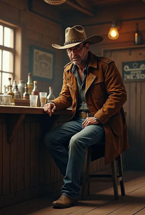 I need you to create for me please an image of a cowboy in a hat sitting in front of a saloon counter in the Wild West.