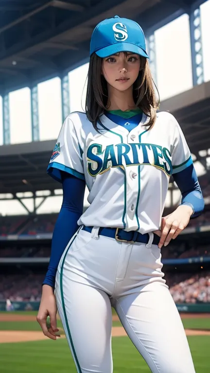 pitcher pitching、tall、 a very beautiful woman is wearing a seattle mariners uniform at giants stadium,ジャイアンツスタジアムで