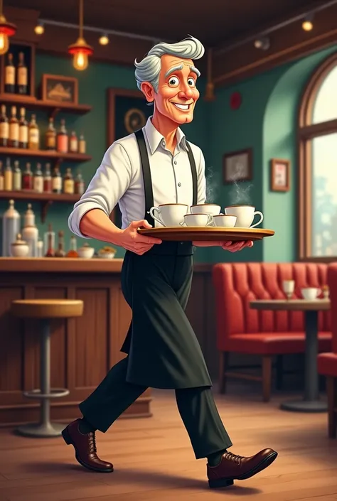 60-year-old waiter with gray hair and tall, arriving with coffee at a bar in cartoon style