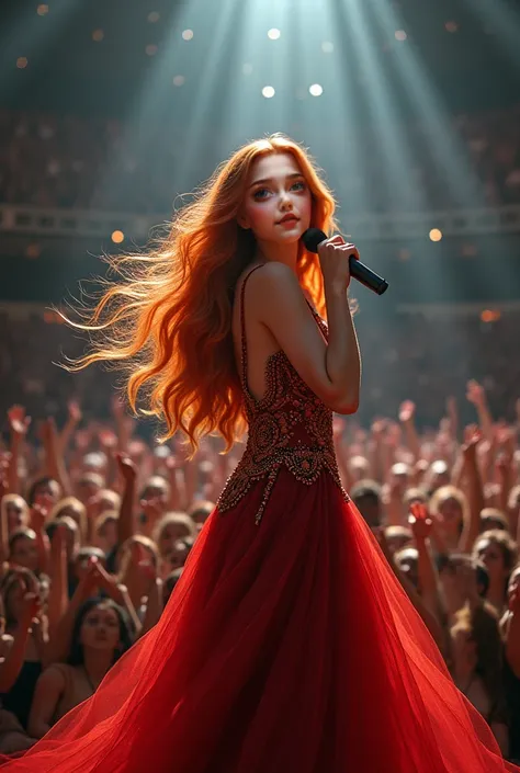 ((HD))，((Ultra HD))， a girl，long red hair，green eyes， Gorgeous long dress ， with a microphone ， standing on stage，Singing contest ，There are crowds