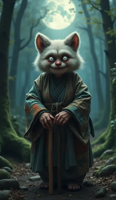 A highly detailed and realistic depiction of Tanuki Baba, a mythical figure from Japanese folklore. She is portrayed as an elderly woman with a mischievous grin, her appearance subtly revealing her true nature as a shape-shifting tanuki. Her attire is worn...