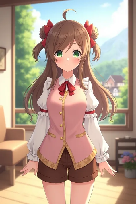 " A young anime character with long, slightly wavy brown hair , tied in a semi-bun style ,  with red bows decorating the hairstyle .  She has bright green and expressive eyes ,  wearing a light pink vest decorated with gold details and a red bow on the col...