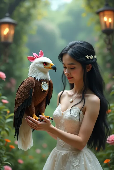 A small eagle with a pink bow on its head with red eyes and with a watch around the eagles neck with a white head and close at the bottom,  a woman with long black hair , wearing a wedding dress holding the eagle in her hand , wedding garden background  ( ...