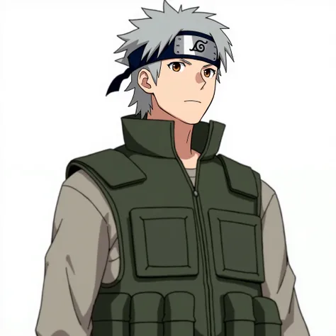 one guy,  anime genin headband "Naruto" on the shoulder, young man,  long sleeve tank top , dark green bulletproof vest , Simple background, Focus on the upper body, gray hair,  brown eye ,  medium length hairstyle ,  high collar