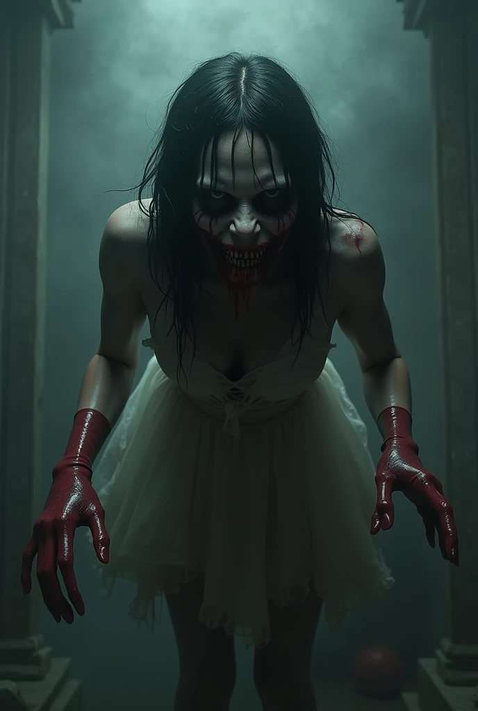  creating a scary ghost image  ,  wearing a dirty old white dress and long red latex gloves, long black hair,  with a creepy bloody smile , Deep black eyes ,  crawling towards me with blood .  This scene is the scene around , ，Black mist shrouds the whole ...