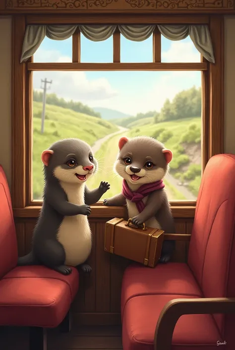 Otter and Ferret riding a train