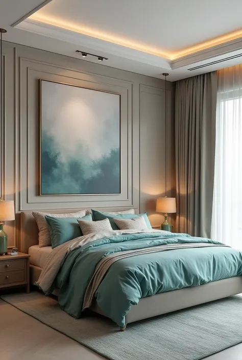 Design a sophisticated and calming modern bedroom that features a mix of sleek, contemporary furniture with luxurious teal-colored fabric accents. The goal is to create a serene yet stylish retreat that balances functionality, comfort, and aesthetics. The ...