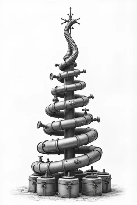 draw with a pencil :  A metal tree ,  as the base, the gas cylinder ,  leaves the base of the tree up ,  around the spiral tube rises to the upper lug , , which is what makes the Christmas tree frame ,  burners together, the stars head ,  and the spiral pi...