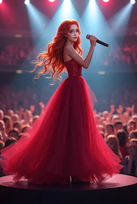 ((HD))，((Ultra HD))， a girl，long red hair，green eyes， Gorgeous long dress ， with a microphone ， standing on stage，Singing contest ，There are crowds，for the audience